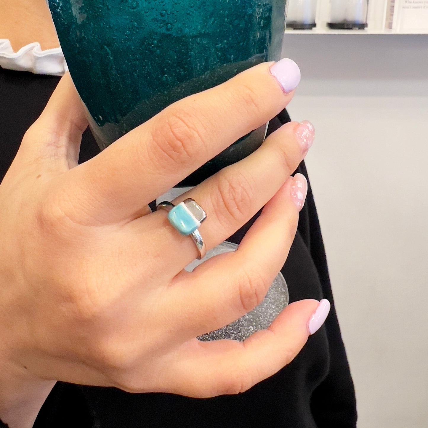 Mini aquamarine and gold tile ring