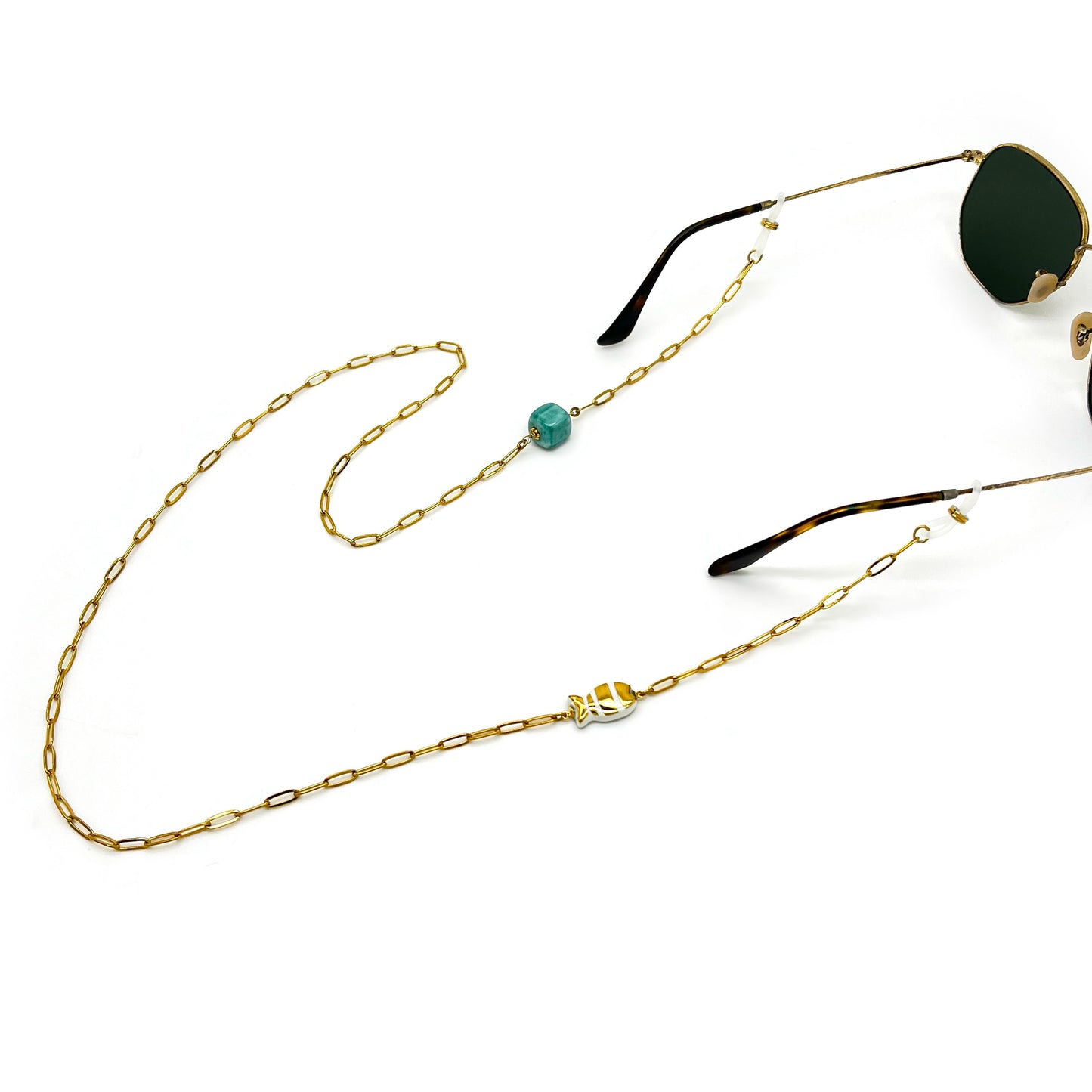 Glasses chain with gold majolica and blue cube