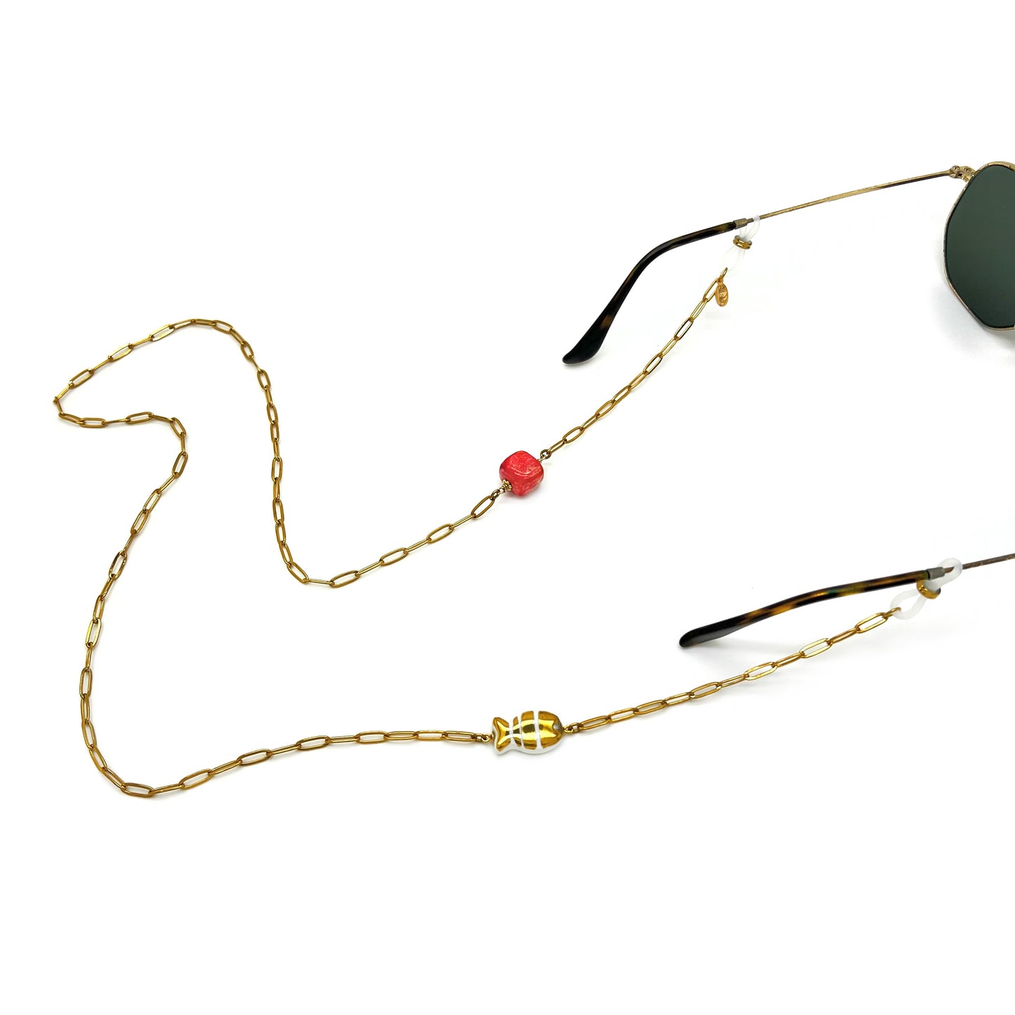 Glasses chain with gold majolica and blue cube