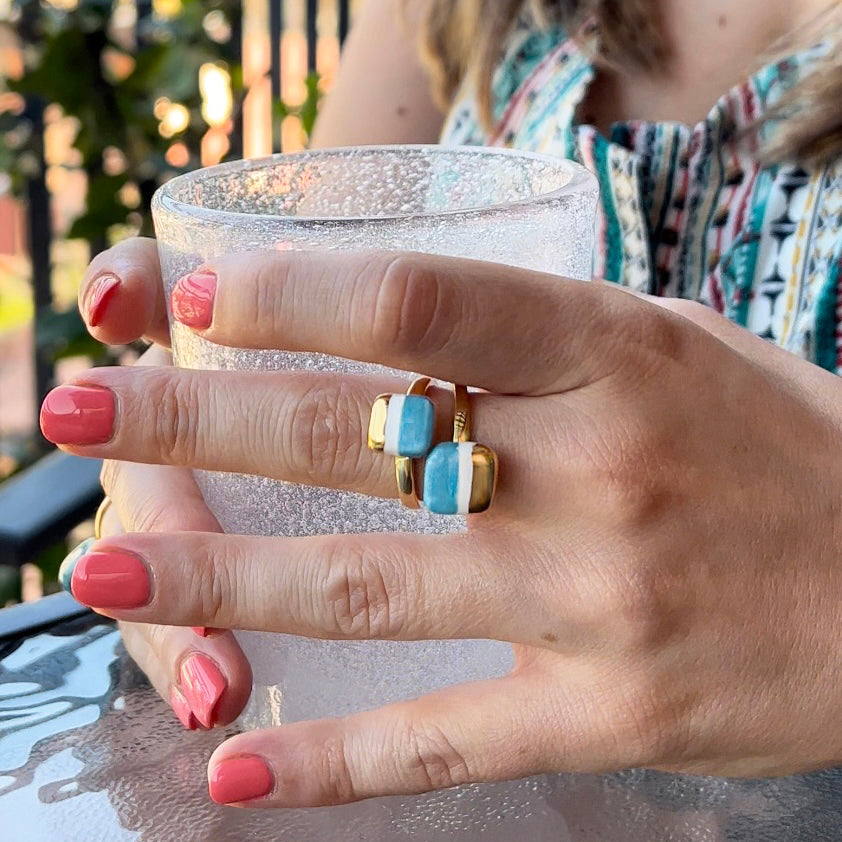 Mini aquamarine and gold tile ring