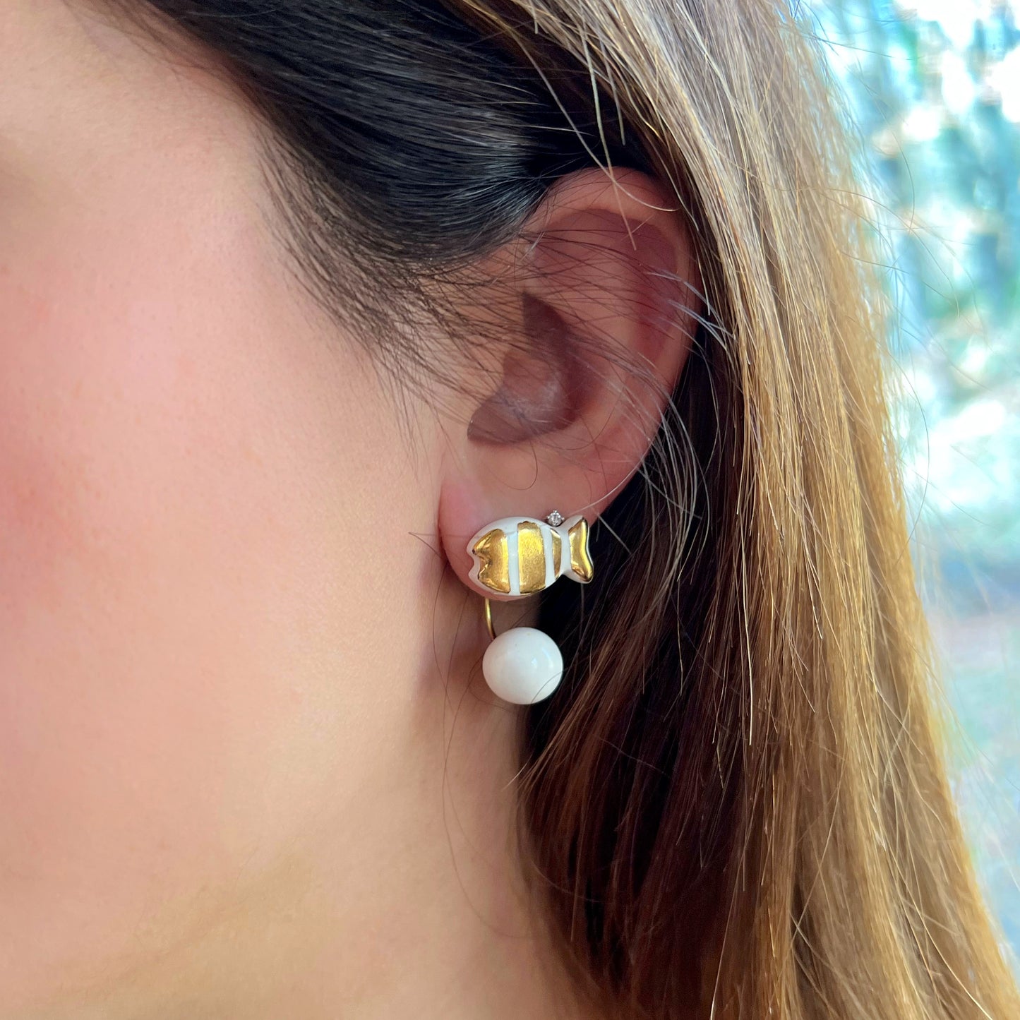 Gold fish and white pearl button earrings