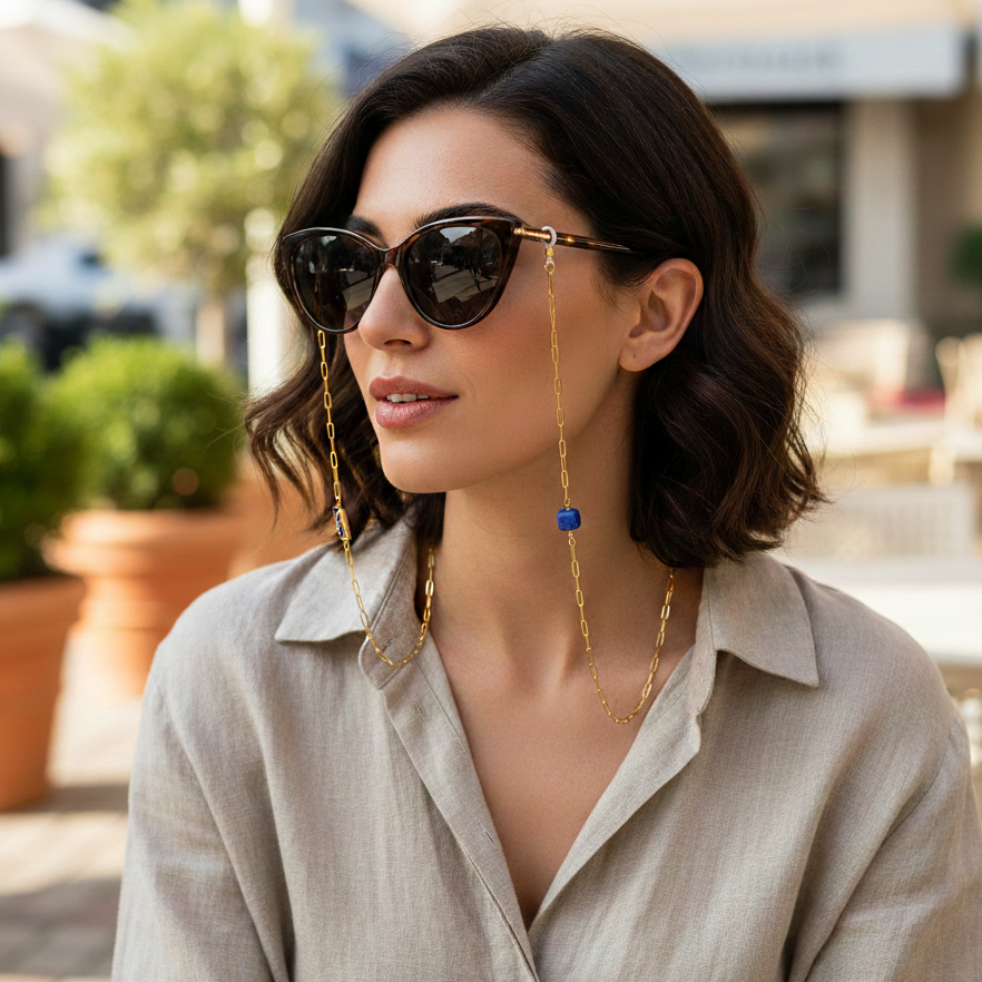 Cadena de gafas con mayólica dorada y cubo azul.