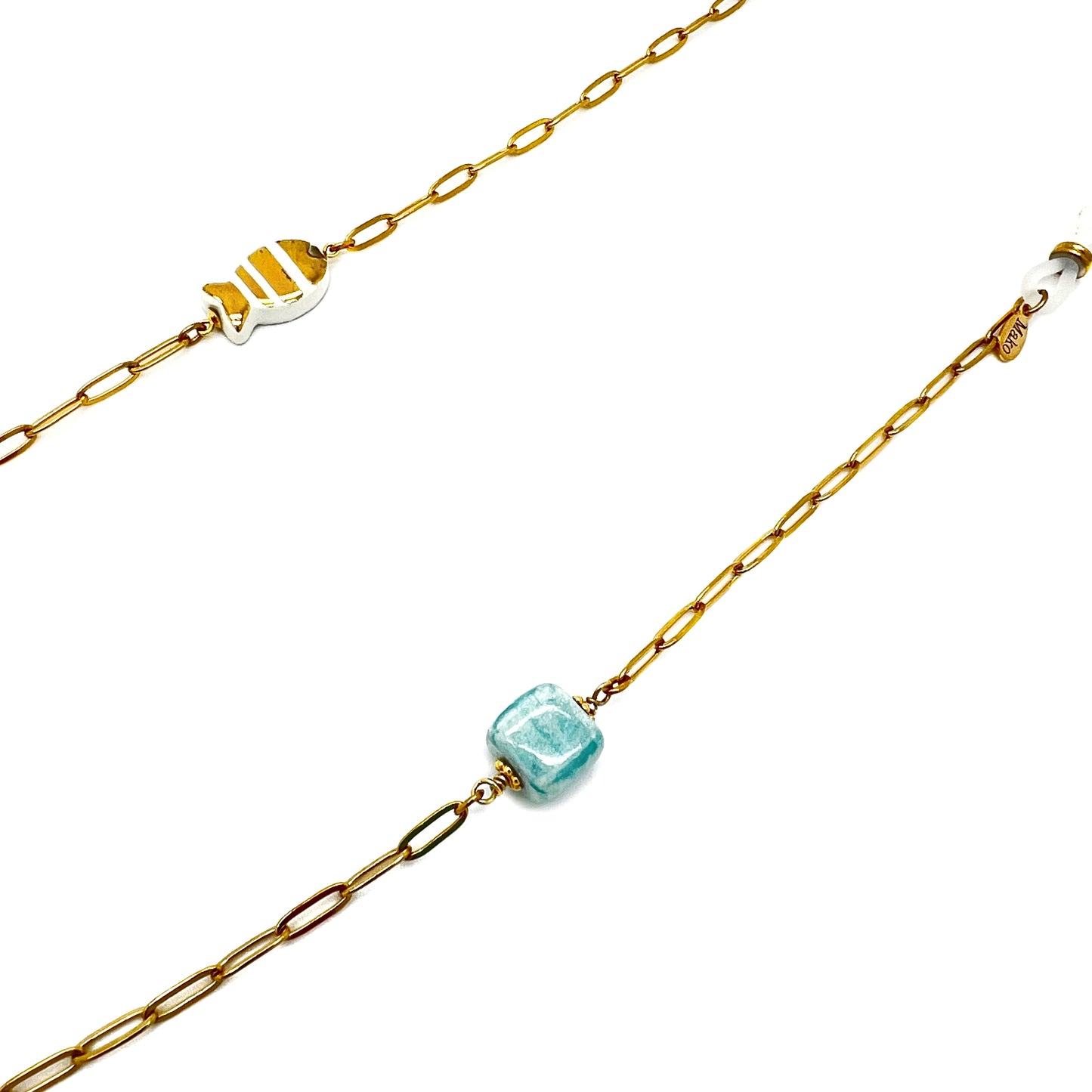 Glasses chain with gold majolica and blue cube