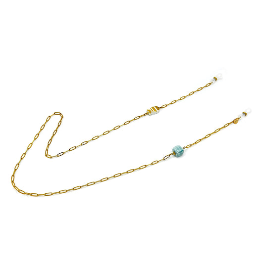 Glasses chain with gold majolica and blue cube