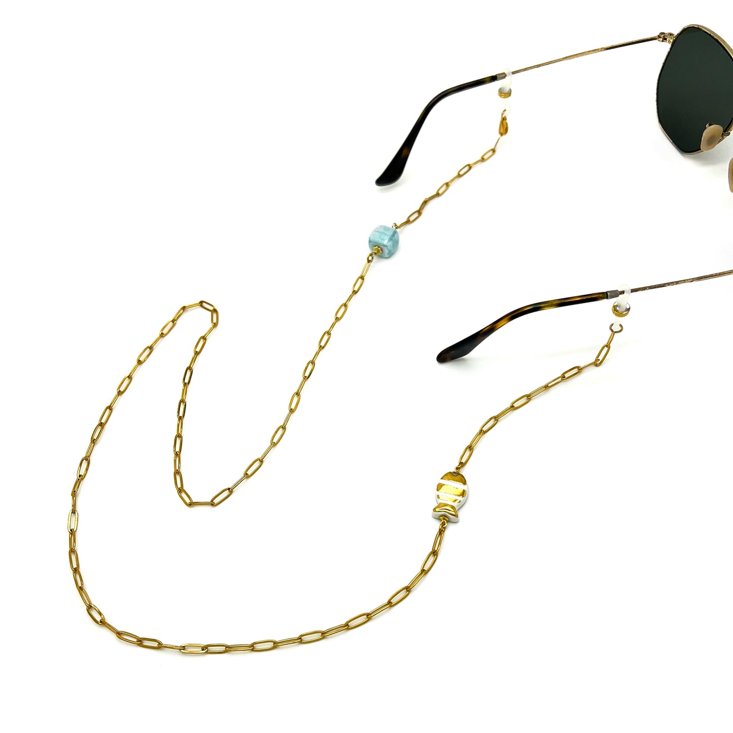 Glasses chain with gold majolica and blue cube