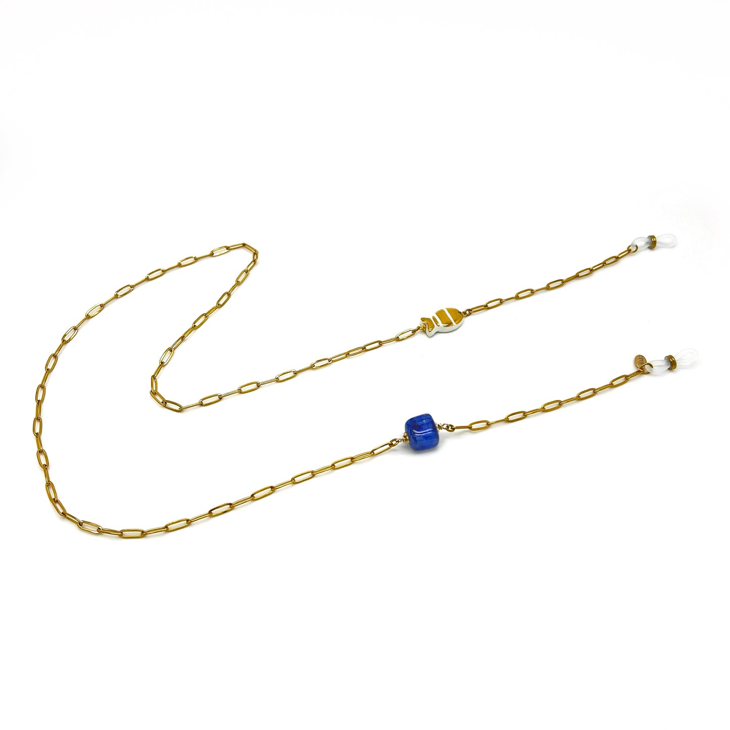 Glasses chain with gold majolica and blue cube