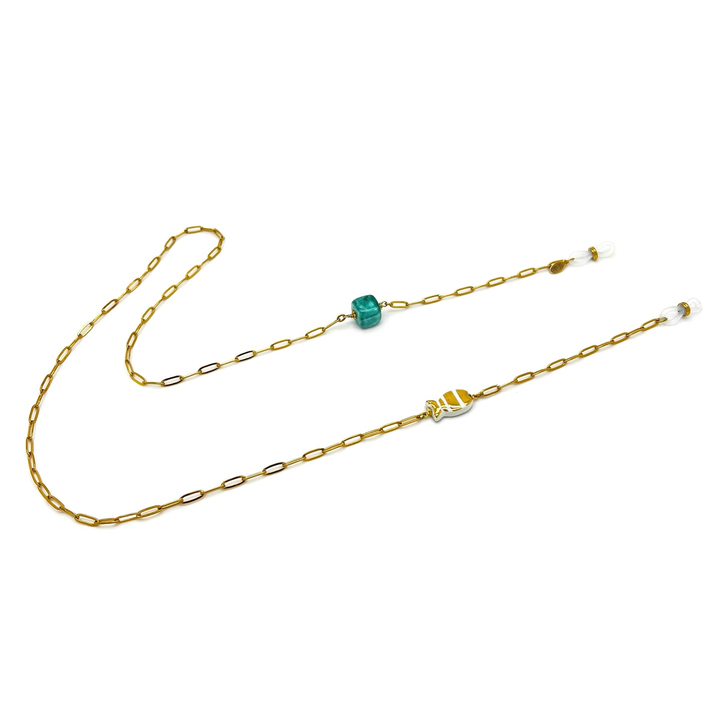 Glasses chain with gold majolica and blue cube