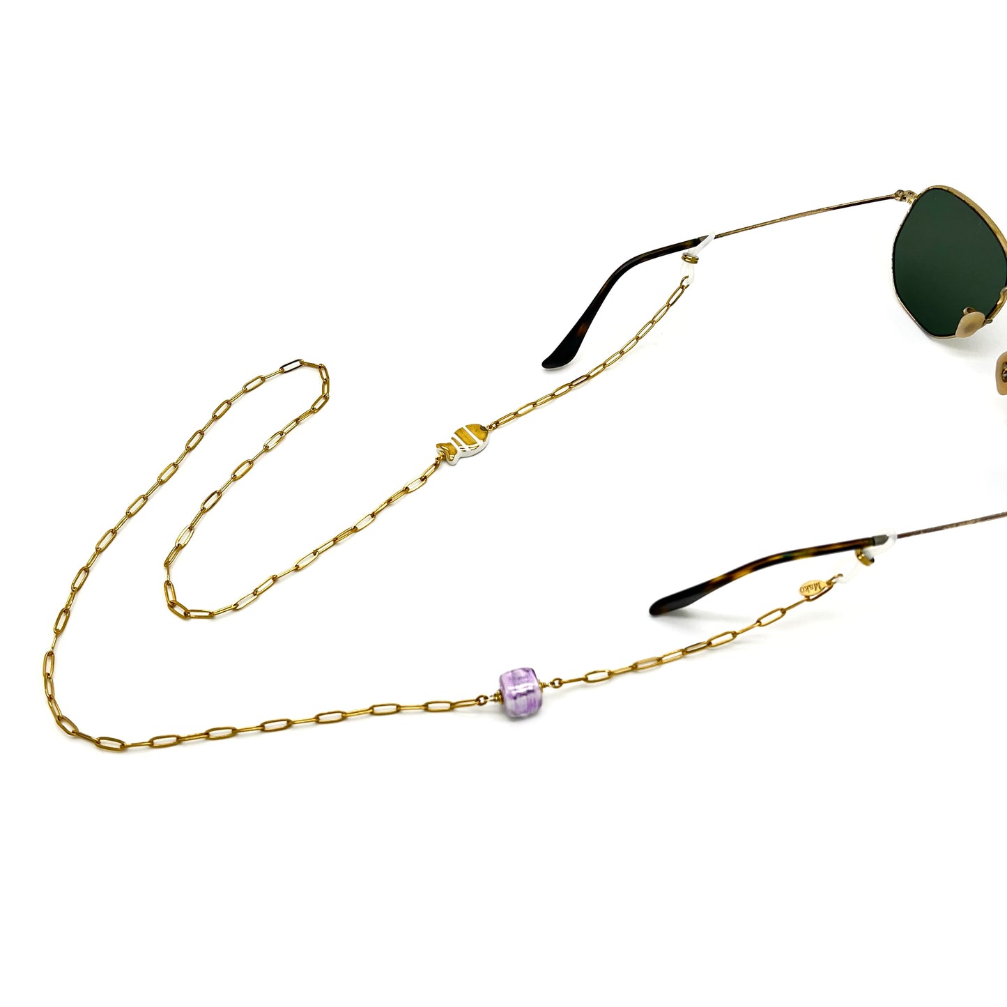 Glasses chain with gold majolica and blue cube