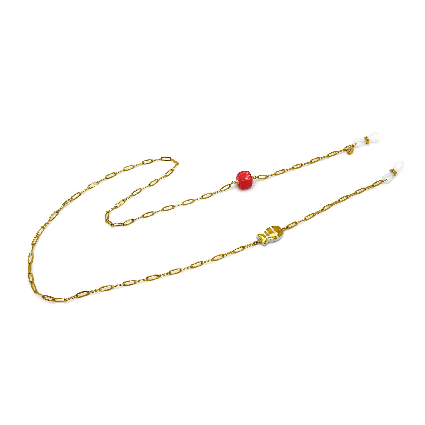 Glasses chain with gold majolica and blue cube
