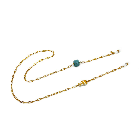 Glasses chain with gold majolica and blue cube