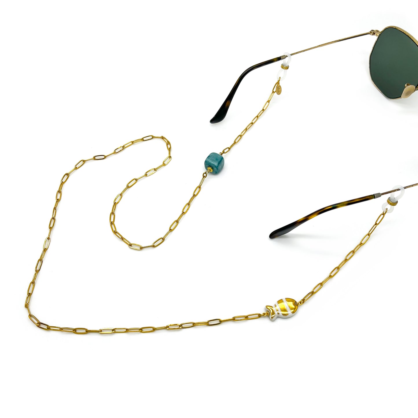 Glasses chain with gold majolica and blue cube