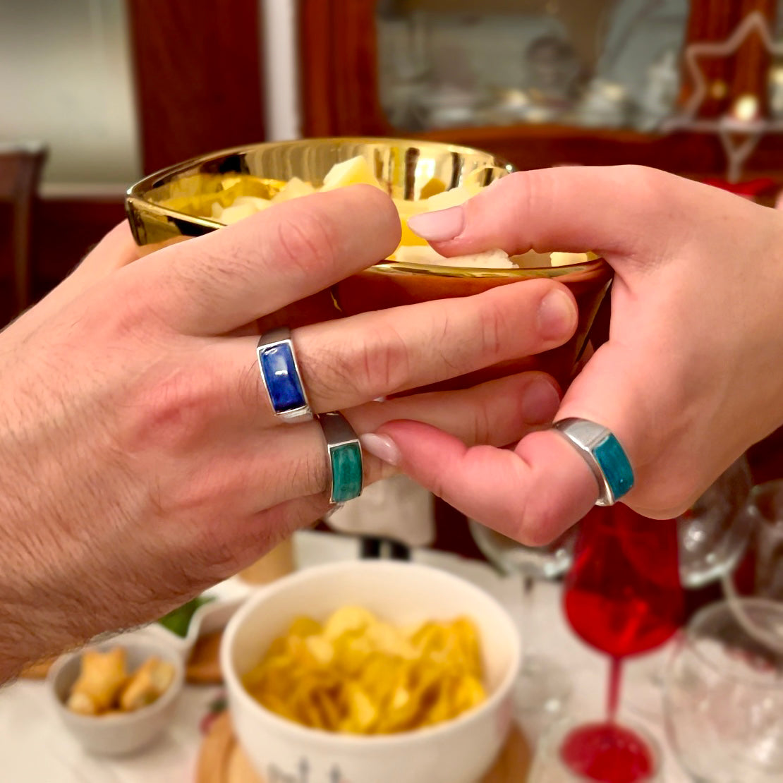 Anello unisex con Mattonella rettangolare blu stampa