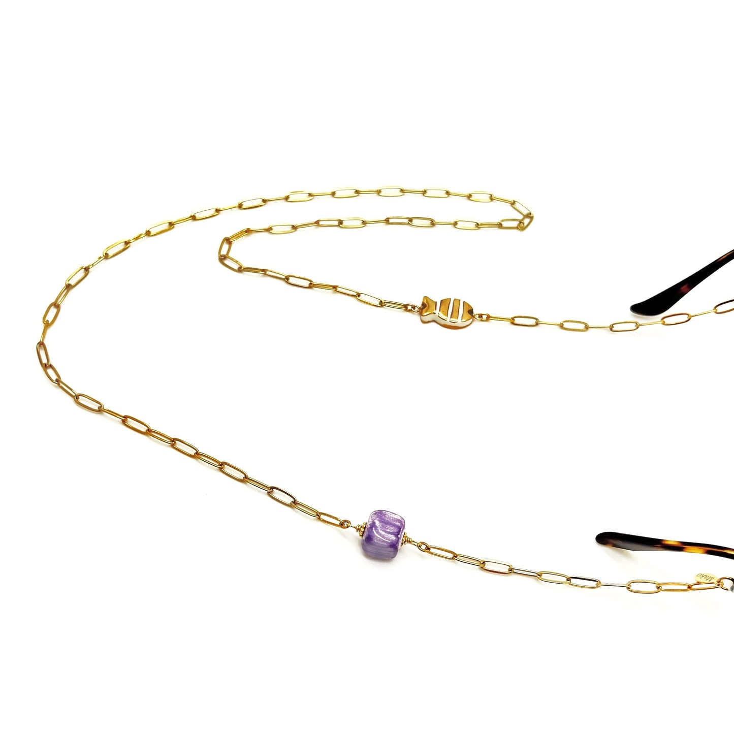 Glasses chain with gold majolica and blue cube