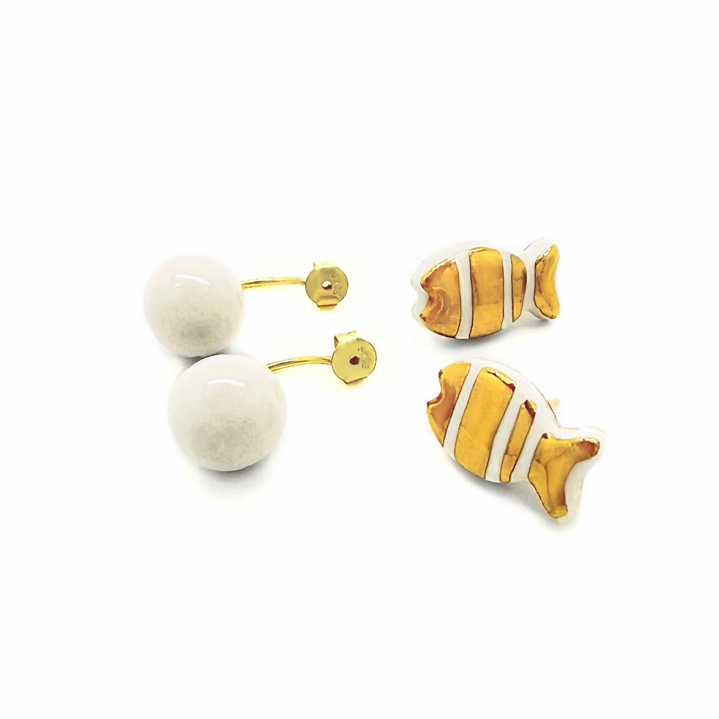 Gold fish and white pearl button earrings